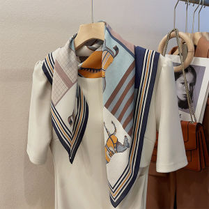 Elegant Silk Double Gauze Scarf Womens Fashionable Nine Grids Mist And Smoke Color Series Shawl Two-In-One Geometric Pattern Korean Style