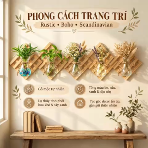 Bình Loe Thủy Tinh Cắm Hoa Mini Kèm Khung Gỗ Hình Thoi Đứng Phong Cách Rustic