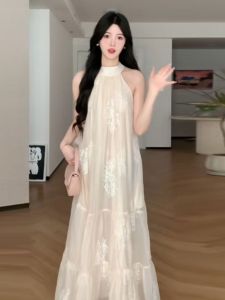 CHANGTONG | French Style Unique Embroidered Halter Neck Sleeveless Off-Shoulder Dress