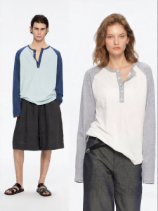 ULD | Paper-feel Xinjiang Cotton Contrast Color Raglan Sleeve Henley Collar Loose Long Sleeve T-shirt