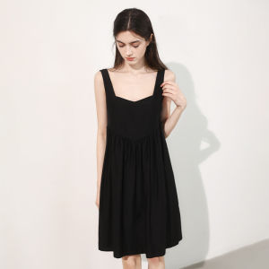 Miccbeirn | Silk Cotton French Strap Dress Hepburn Style Slimming A-Line Midi Skirt Simple Versatile Summer Season High Waist Gown