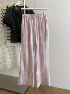 PAIBOLI | Laid-back French Colorful Vertical Stripes Stretch Waist Plus Size Wide Leg Pants