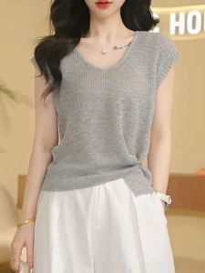 Shalldoer | Áo thun dệt kim tay ngắn màu xám thường ngày cho nữ mùa hè 2025 Áo khoác đơn độc đáo có khóa kéo bên hông dễ thương