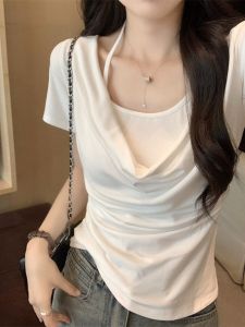 Chic Sweet-and-Spicy Shoulder Bared Short Sleeve T-shirt Korean Style Commute Pure Desire Fashionable Top Summer Wear