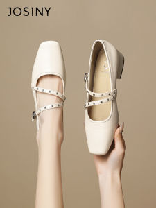 Josiny | Pointed Toe Retro Thick Heel Elevating Mary Jane Flats