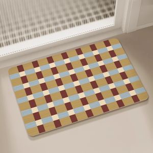 VIKAMA Bath Mat Retro Blue White Checkerboard Doormat Non‑Slip Quick Dry Absorbent Bathroom Shower Entry Indoor Home Floor Decor