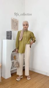 Baju Alenza Kemeja Laura Blouse Atasan Wanita Shirt Polo Linen Premium Basic Busui Friendly Polos Variasi Kancing Belakang Kekinian Terbaru