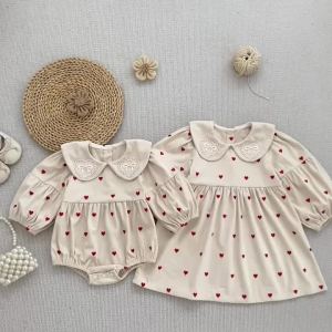 Baby Girl Long Sleeve Corduroy Dress Heart Print Lace Lapel Puff Sleeve Sweet Casual Kids Autumn Princess Outfit 2-6 Years Old