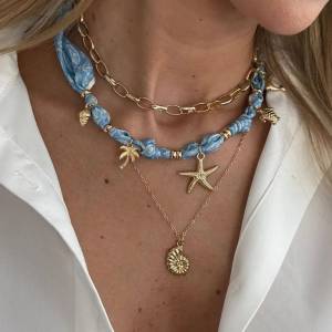 Ingemark 3 Pcs/Set Boho Blue Printed Fabric Necklace Women Vintage Gold Color Starfish Conch Pendant Necklace Charm Jewelry Gift