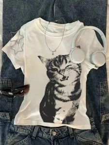 Cat Print Women High Street Oversized T Shirt Summer Harajuku Letter Graphic T Shirts Y2k Tops Streetwear Vintage Tee Clothing