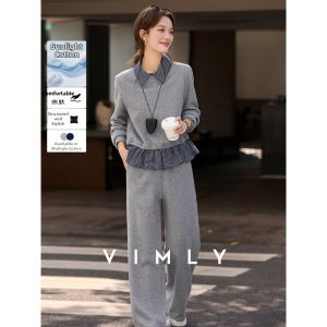 Vimly | Gray Korean Style Casual Winter New Set with Turn-down Collar Blouse and Wide-leg Pants