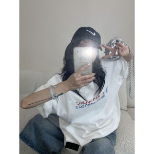 Oisis Chic Summer Loose Fit Pure Cotton Short Sleeve Womens T-Shirt Casual Style round Neck Printed Text Simple Minimalist