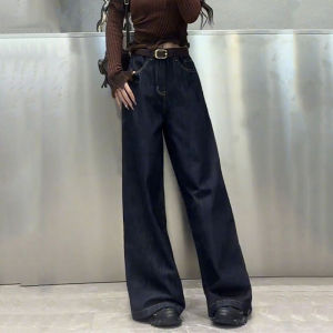 Deep Blue American Retro Loose Wide Leg Jeans Womens High Waist Slim Straight Floor-Length Pants Commute Korean Style