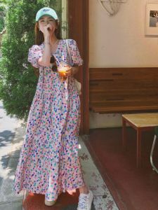 Summer New Pink Floral Print Bubble Sleeve Dress Womens Sweet Fairy Tale V-neck French Style Long A-line Gown Fairy-like