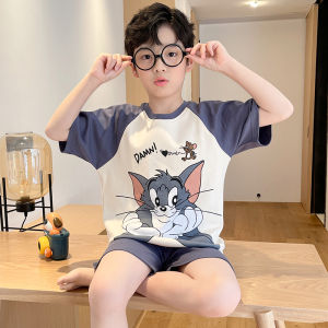 Boys Summer Lightweight Short Sleeve Pure Cotton Sleepwear Cartoon Home Clothes Breathable Moisture Wicking Childrens Clothing