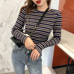 Áo Thun Cotton Sọc Dài Tay Nữ Thu Đông Cổ Tròn Ôm Vừa Vặn Tay Áo Thường Ngày Chất Liệu Cotton Phong Cách Hàn Quốc