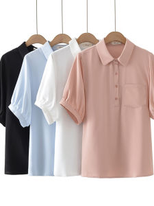 เสื้อเชิ้ตแขนสั้นทรงหลวมสไตล์เกาหลีสำหรับผู้หญิงไซส์ใหญ่ ฤดูร้อน 2025 แฟชั่นลำลอง ทรงเข้ารูป กระเป๋า ทรงหลวม ลดอายุ