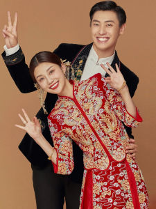 Elegant Dragon And Phoenix Dress Chinese Style Wedding Gown for Women Heavy Embroidery Wedding Dress Short Sleeve for Bride