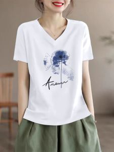 Áo Thun Cotton Tay Ngắn Mùa Hè 2025 Áo Thun Cổ Chữ V Dáng Rộng Thoải Mái Phong Cách Hàn Quốc Thời Trang Giảm Tuổi Cho Nữ