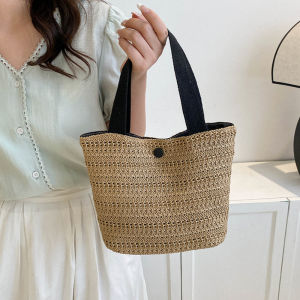 Grass Weave Bucket Bag Handbag for Women Soft Tote Style Zipper Closure Casual Use Japanese and Korean Style