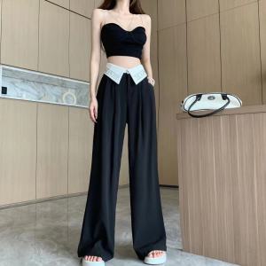 Ice Silk Wide Leg Suit Pants Womens Summer Thin Stylish Contrast Color Flanging High-Waisted Trousers Draping Effect Casual Mopping Pants