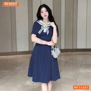 Đầm thiết kế BEMINE cổ thủy thủ sọc in dáng chữ A phù hợp đi làm-MT11167