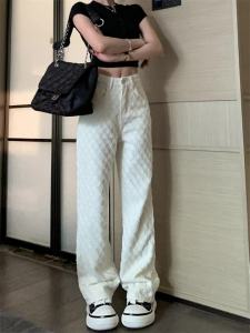 Beige Y2K Waffle Knit Denim Pants Womens Relaxed Fit Straight Leg Floor-Length Wide Leg Trousers Trend 2026