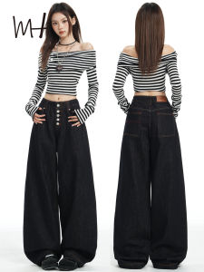 Slimming Wide Leg Denim Pants for Women Button Front Contrast Stitch Knife Edge Jeans Casual American Retro Washed Denim