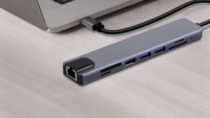 kebidumei | KEBIDUMEI USB-C Docking Station 8 In 1 USB 3.0 HUB100Mbps 4K Output Multiport Splitter RJ45 To USB C Adapter For Macbook Pro PC