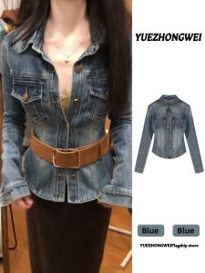 YUEZHONGWEI | Designer Americana Polo Collar Denim Shirt for Women