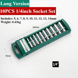 1/4 inch Drive Deep Socket Set 6-Point Metric Long Chrome Socket Set From 4mm to 14mm Professional Grade