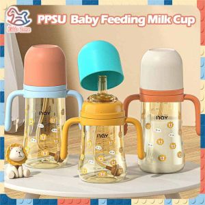2 Designs Baby PPSU Silicone Grade Fall-Resistant Milk Bottle With Lovely Animal Painting Newborn Wide Neck Training Bottle 300ML Feeding Bottle