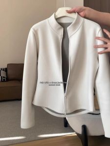 Double Zipper White Fluffy Stand Collar Jacket Outwear