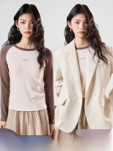 MiiOW | Áo thun dài tay nữ dáng ôm mùa thu màu khối thời trang cổ tròn in họa tiết cotton polyester