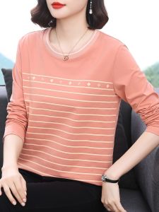 Pure Cotton Long Sleeve Womens T-shirt Striped Base Shirt for Middle-Aged Mothers Spring Autumn Fashion Commute Style round Neck
