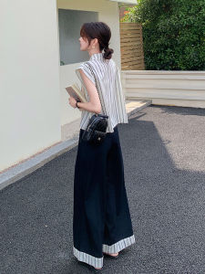 Salt Series Fashion Set Youthful Stripe Sleeveless Top High Waist Casual Pants Two Piece Set Anti-Aging Leisure Ensemble