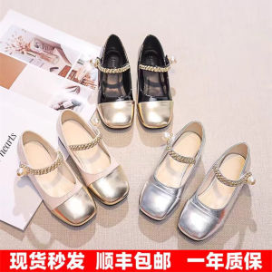 New 2025 Black Chunky Heel French Mary Jane Girls Shoes Summer Low Cut round Head Versatile Retro Leather Shoes for Kids