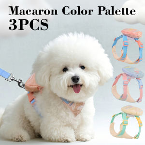 Mojioo สายรัดสุนัขขนาดเล็กสีมาการองพร้อมสายจูงและกระเป๋าถอดออกได้-ดีไซน์เชือกย่นสีพาสเทลตาข่ายและถุงใส่เครื่องสำอางและขนมขบเคี้ยวระบายอากาศได้
