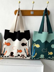 Large Capacity New Marine Undersea Octopus Cute Cartoon Shoulder Bag Female Casual Easiest for Match Student Knitted Bag Canvas