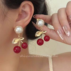 Trendy Sweet Cherry Pearl Earrings No Piercing Mosquito Coil Clip-On Fashionable Jewelry for Women Handmade Alloy Gold Plated