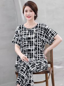 New Mom Silk Sleepwear Women Thin Artificial Cotton Silk Home Clothes Short Sleeve Set Summer plus Size Comfortable Home Leisure