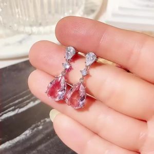 Huitan Temperament Sweet Pink Pear Cubic Zirconia Drop Earrings Women Engagement Party Exquisite Ear Accessories Fashion Jewelry