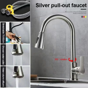 Oumu 304 Stainless Pull Out Kitchen Faucet Wall Mounted 360° Rotate Kitchen Sink Faucet Pull Down Sprayer Spring Faucet
