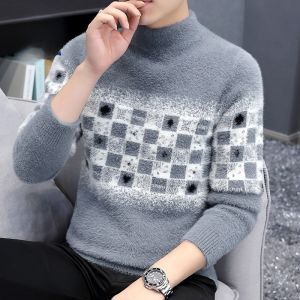 ROMON | Lormen Mens Thickened Half High Collar Sweater Casual Fashion Winter Warm Knitted Shirt Mink Velvet Loose Fit Urban Style