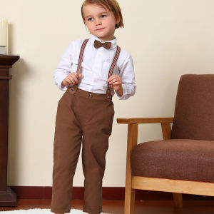 Toddler Clothes for Boys Fashion Set Toddler Thanksgiving Gentleman Suit Baby Kids Birthday Photoshoot Outfit Children Casual Brown Pants and White Shirt 1-5 Years Clothes