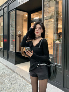 เสื้อสเวตเตอร์ถักคอวีทรงสลิมฟิตสำหรับผู้หญิง เสื้อเชิ้ตแขนยาวทรงหลวมยาวปานกลางสำหรับฤดูใบไม้ร่วง ผ้าผสมอะคริลิก