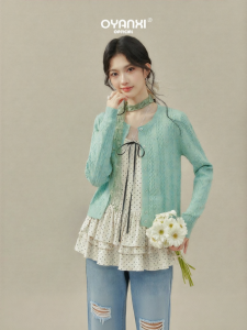 OUYANGXI | Áo Cardigan Len Màu Xanh Pastel Phong Cách Hàn Quốc