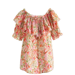 Sweet Floral Elastic Loose Blouse with Flounced Cuffs