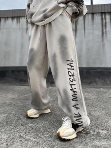 American Style Wide Leg Sweatpants Womens Casual Printed Loose Fit Trousers Drawstring Floor-Length Pants Straight Leg