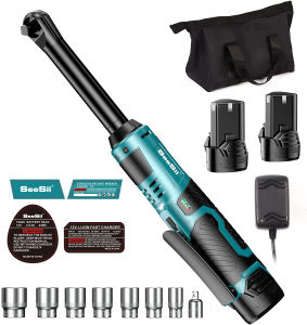 Seesii RT800L Extended Cordless Electric Ratchet Wrench 3/8" 40 Ft-lbs Torque Brushless Motor 6" Long Neck 220RPM 2 Pack 2.0Ah Battery Fast Charger 1/4 Drive Adapter 7 Sockets for Car Repair DIY